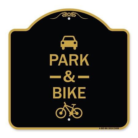 Signmission Park & Ride With Bicycle Graphic, Black & Gold Aluminum Architectural Sign, 18" x 18", BG-1818-23499 A-DES-BG-1818-23499
